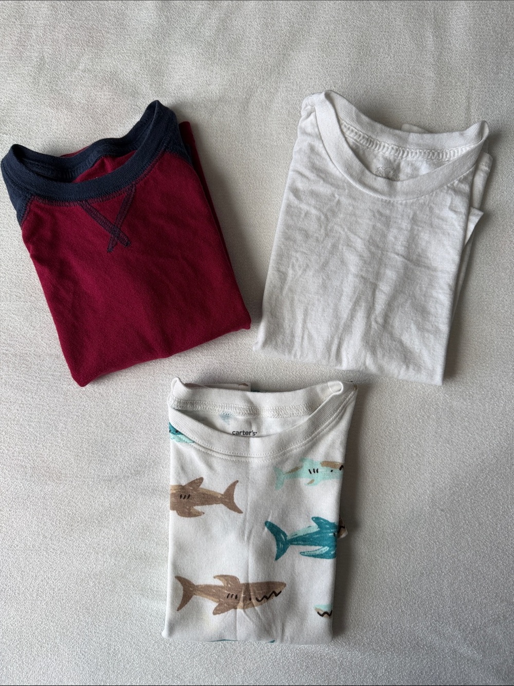100% cotton 3-Pack Long Sleeve Tees - Maroon, White, Shark Print